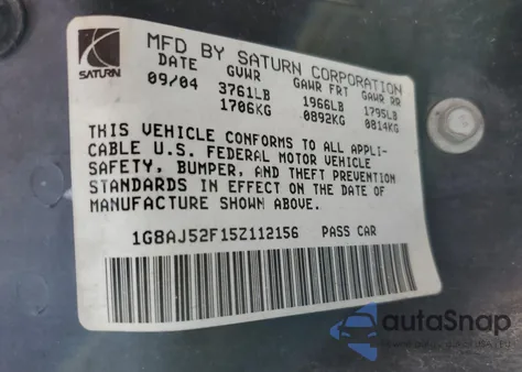 2005 Saturn Ion Level 2 z USA, uszkodzony, nr VIN 1G8AJ52F15Z112156